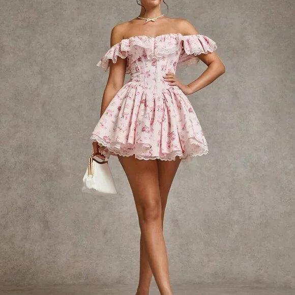 Pink Boho Women's Ditsy Floral Off-Shoulder Ruffled Lace Patchwork Mini Dress - Picture 5 of 7
